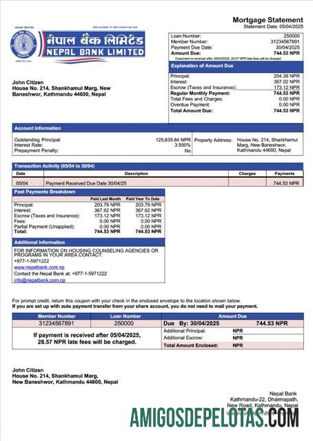 imprimível Modelo Word e PDF de extrato de hipoteca bancária do Nepal